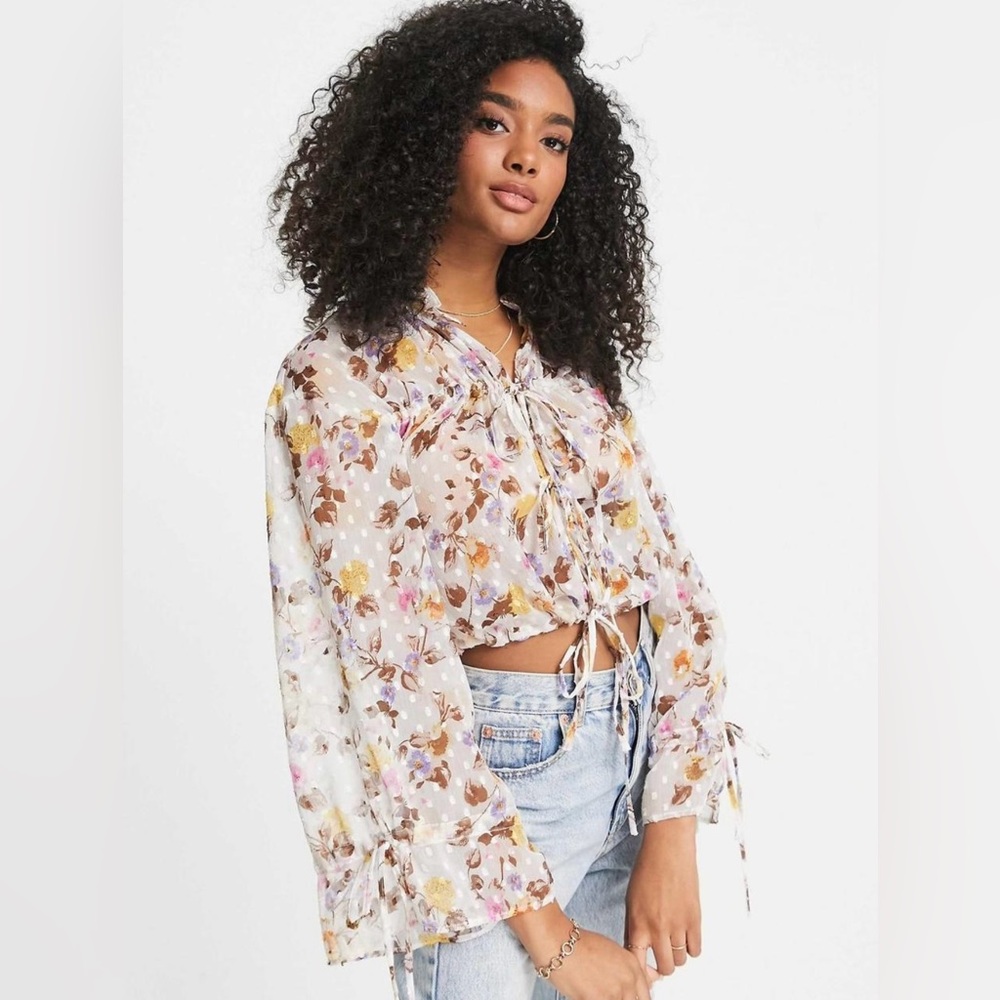 ASOS DESIGN Long Sleeve Front Tie Top‎ In Dobby Mesh In Muted Floral Size 12